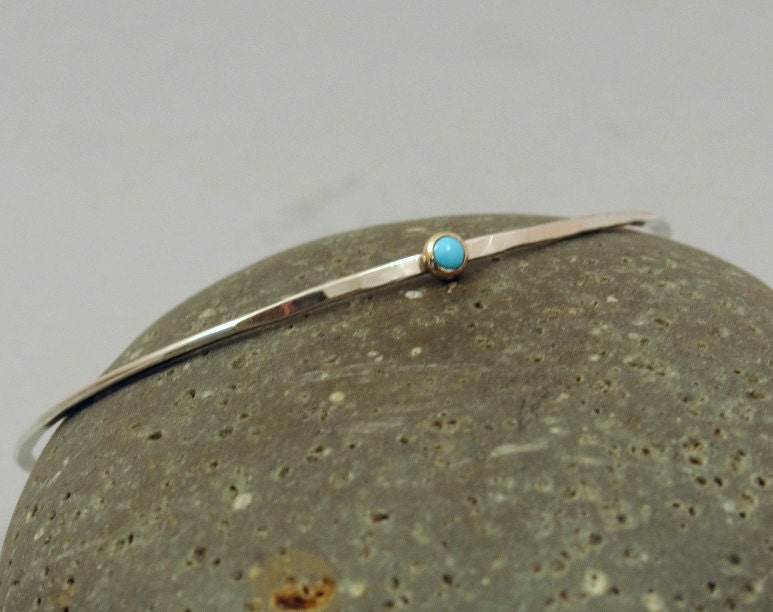 Sterling Silver Bangle, Turquoise Cabachon 14K Gold Bezel Setting, Stacking Bangle Bracelet, Hammered, December Birthday, Sleeping Beauty