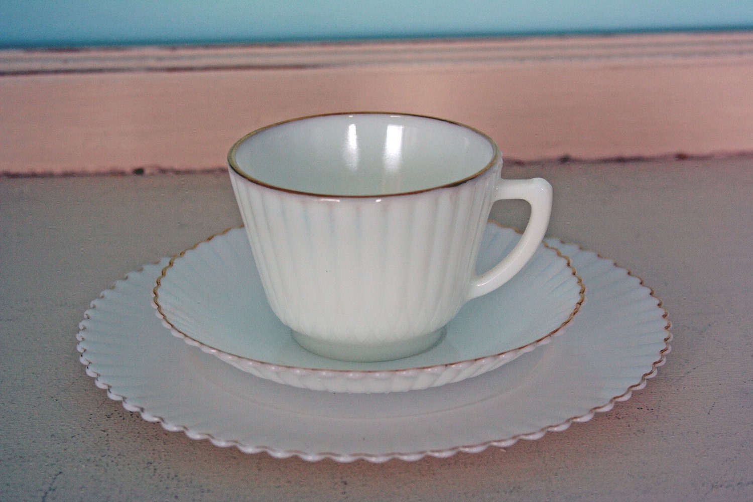 MacBeth Evans Milk Glass Petalware Cup, Saucer and Plate With Gold