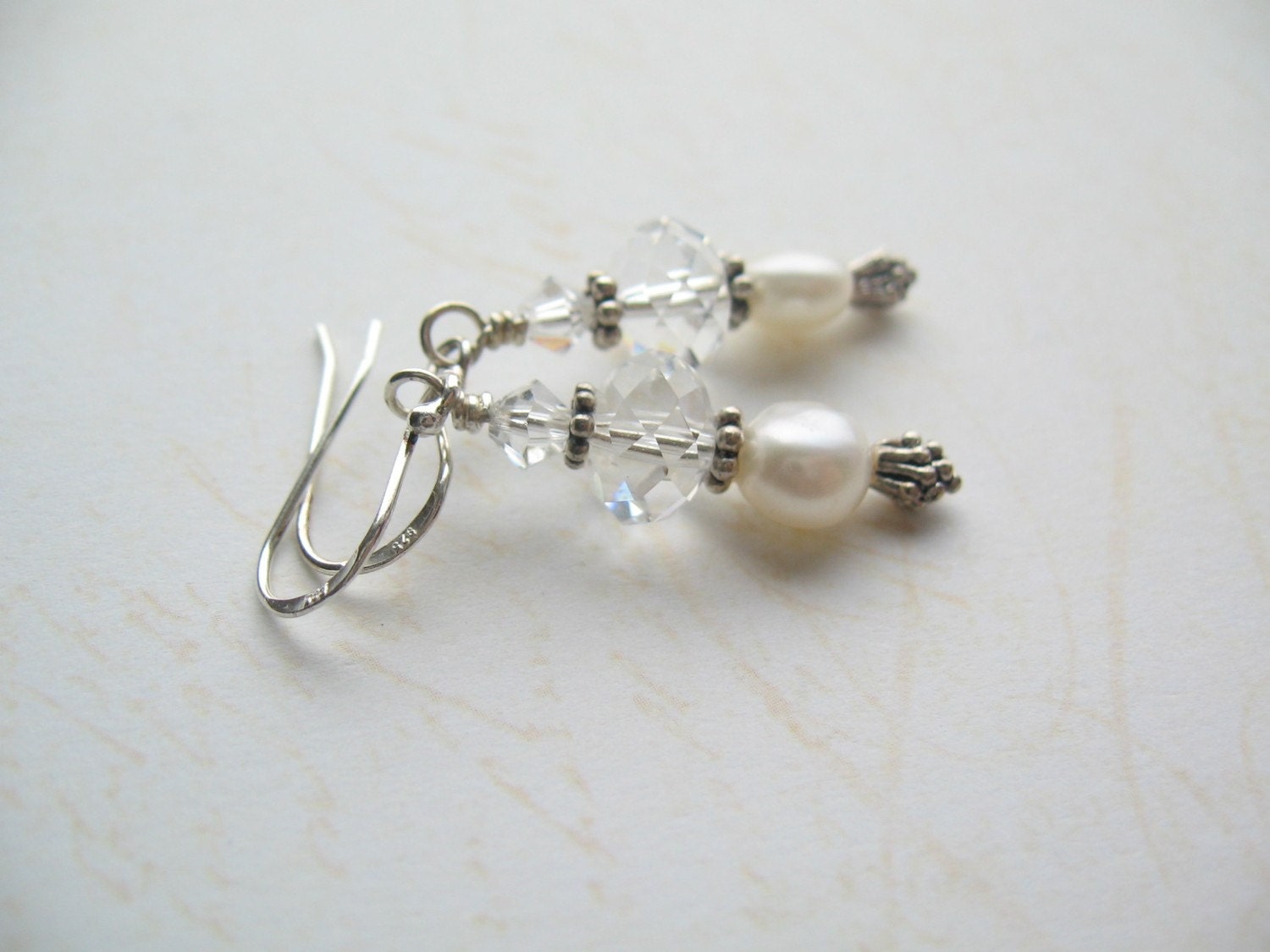 White Pearl Earrings, Swarovski Crystal Earrings, Swedish Jewelry Design