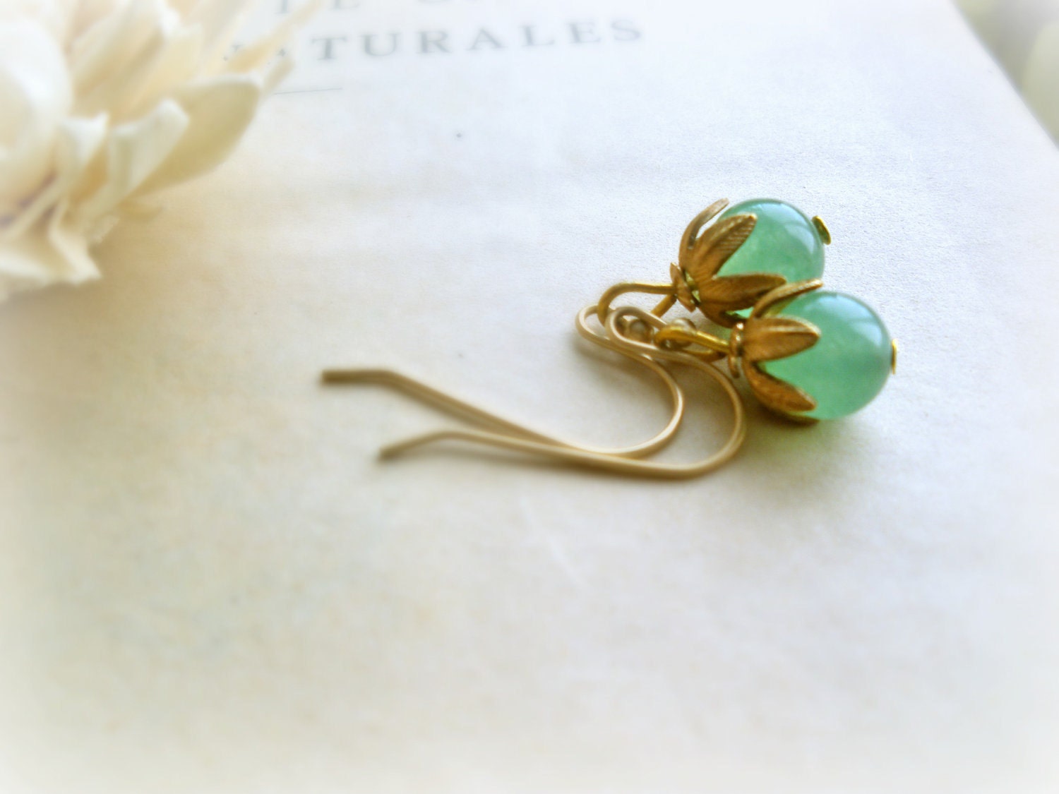 Airen - romantic earrings woodland emerald green jade grapes raw brass leaves caps gift for her under 10