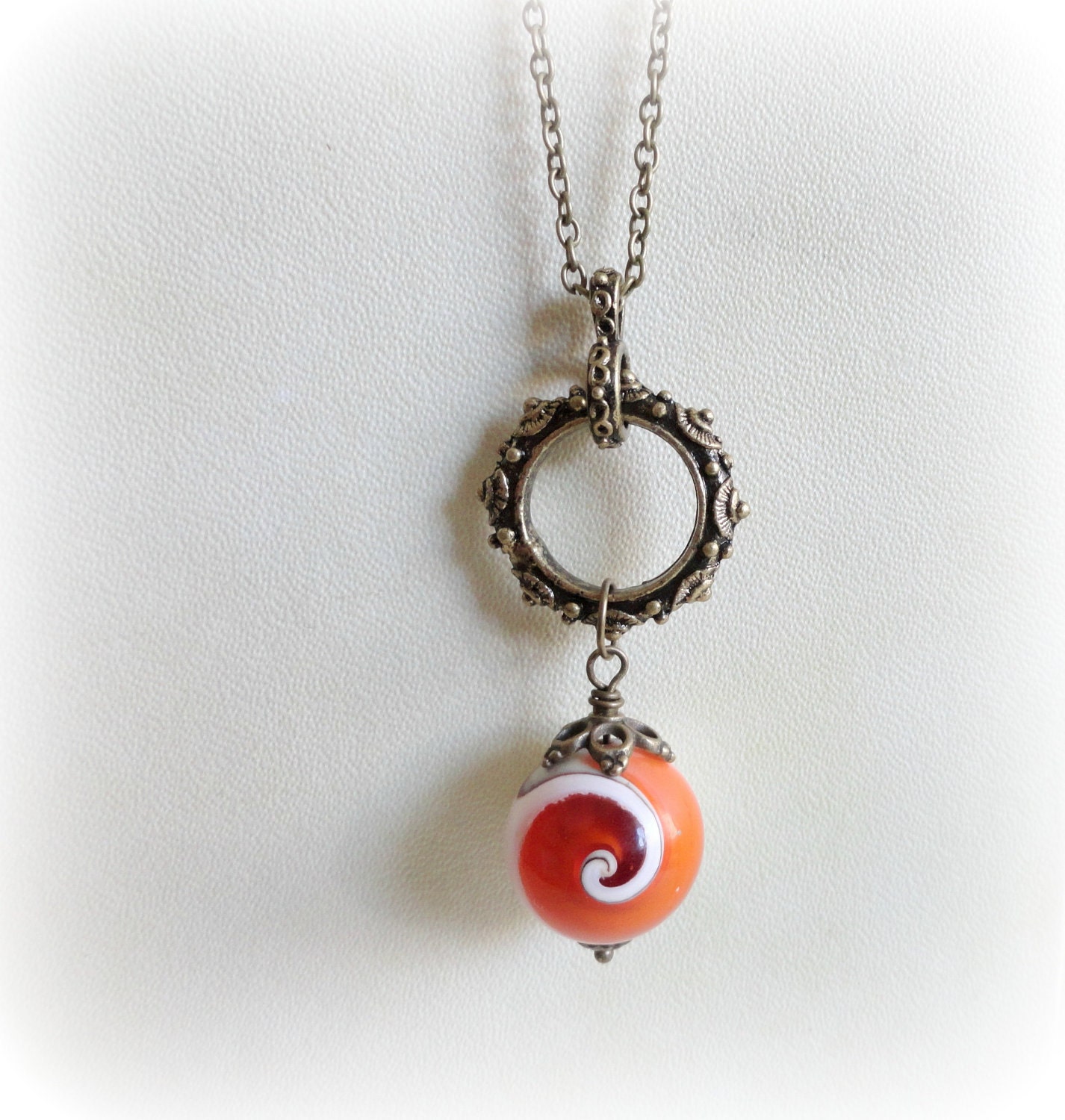Apple snail- long Necklace Shell pendant Orange  angerine citrus white antiqued brass gift for her