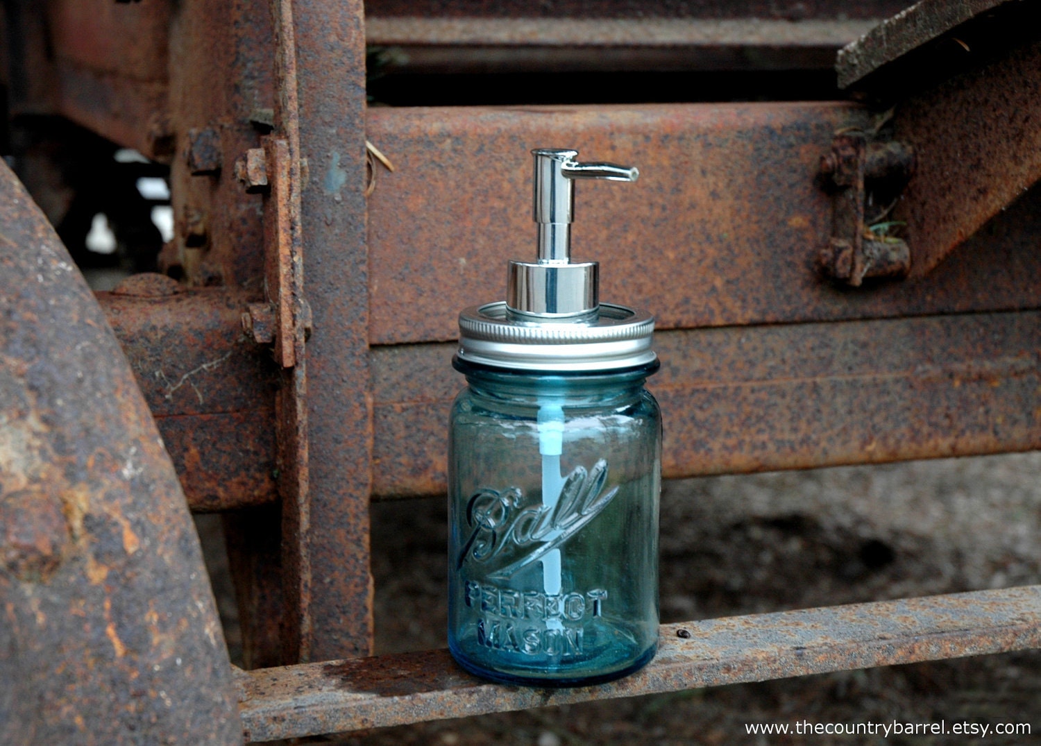 Antique Blue Ball Mason Jar Chrome Soap or Lotion Dispenser