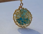 Aqua Blue Genuine Sea Glass Hand Knitted Gold Plated Wire Pendant and Chain