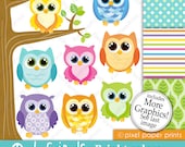 Owl friends - BRIGHT COLORS - Digital paper and clip art set