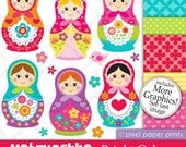 Matryoshka - BRIGHT COLORS - Russian Doll digital paper and clip art set