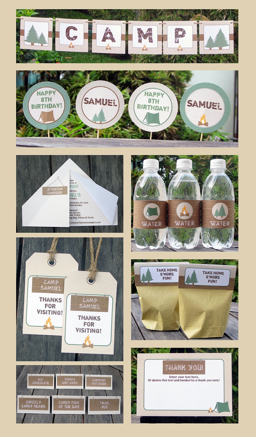 Camping Birthday Party - INSTANT DOWNLOAD full Printable Collection + Invitation - EDITABLE text that you personalize with Adobe Reader Il_570xn