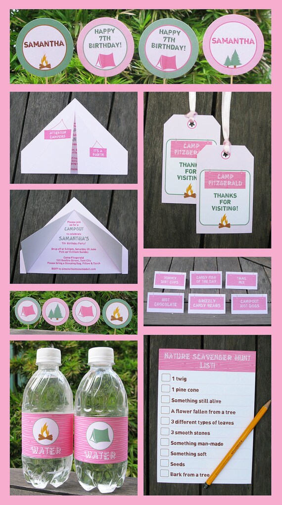 Girl Camping Birthday Party - INSTANT DOWNLOAD full Printable Collection + Invitation - EDITABLE text that you personalize with Adobe Reader Il_570xn