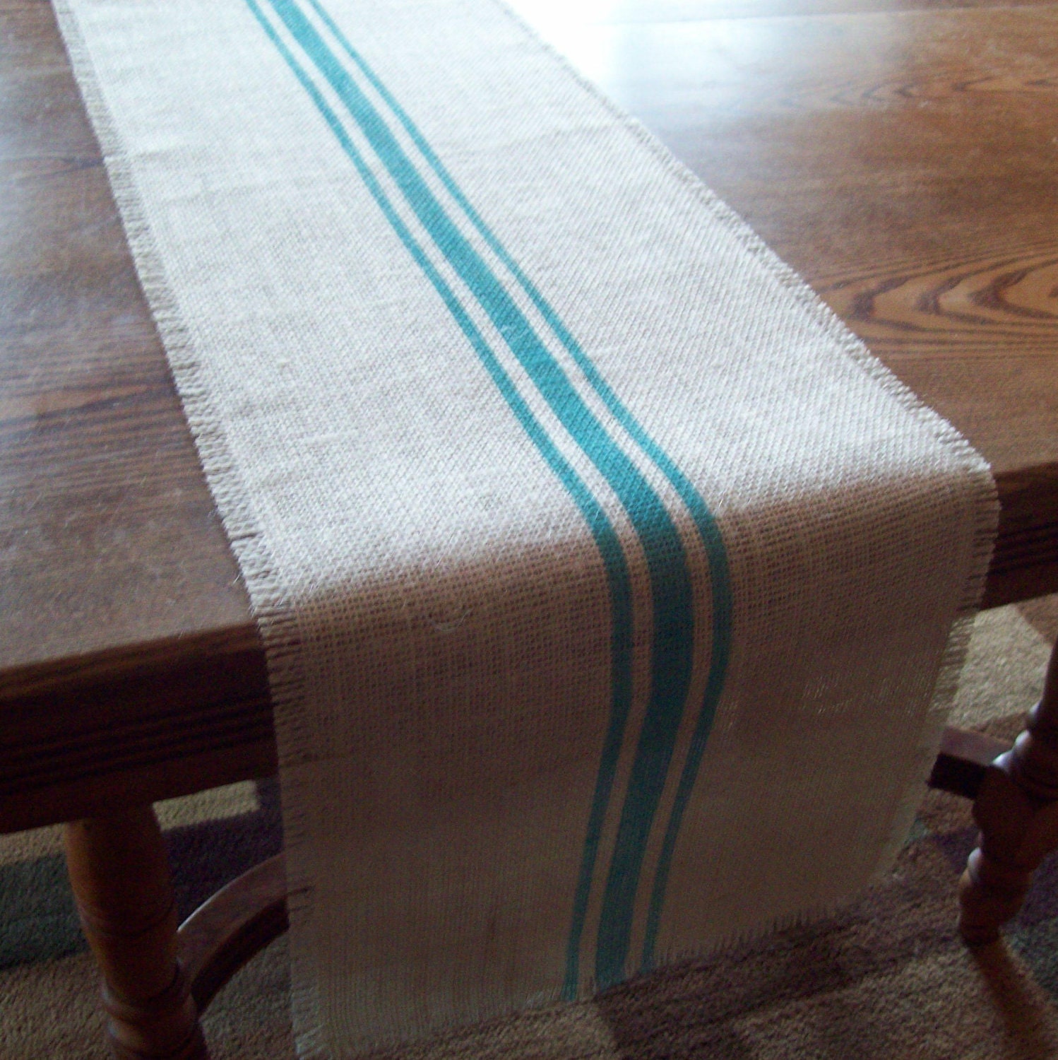 Burlap Table Runner 12 x 72 with Turquoise Stripes or Choose Your Colors - Grain Sack Table Runner