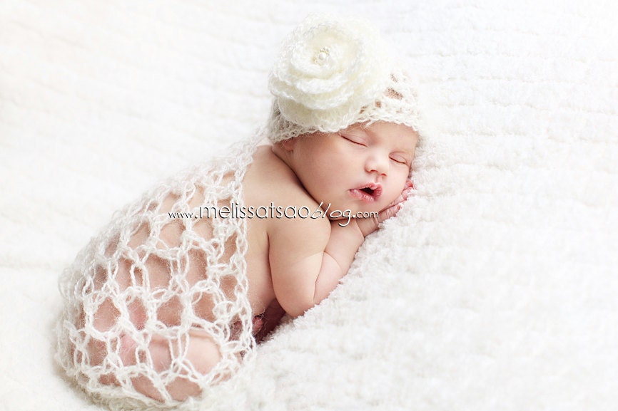 Newborn hat and wrap -- mohair with lacy flower cap for beautiful dreamy baby photos