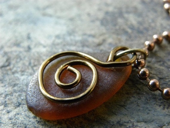 Copper sea glass pendant, amber sea glass, Unisex jewelry, gift