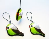 Set of 3 Felt bird ornaments - Double-faced - green, brown, grey, orange - Handmade home decor - Holiday decoration - Sparrow