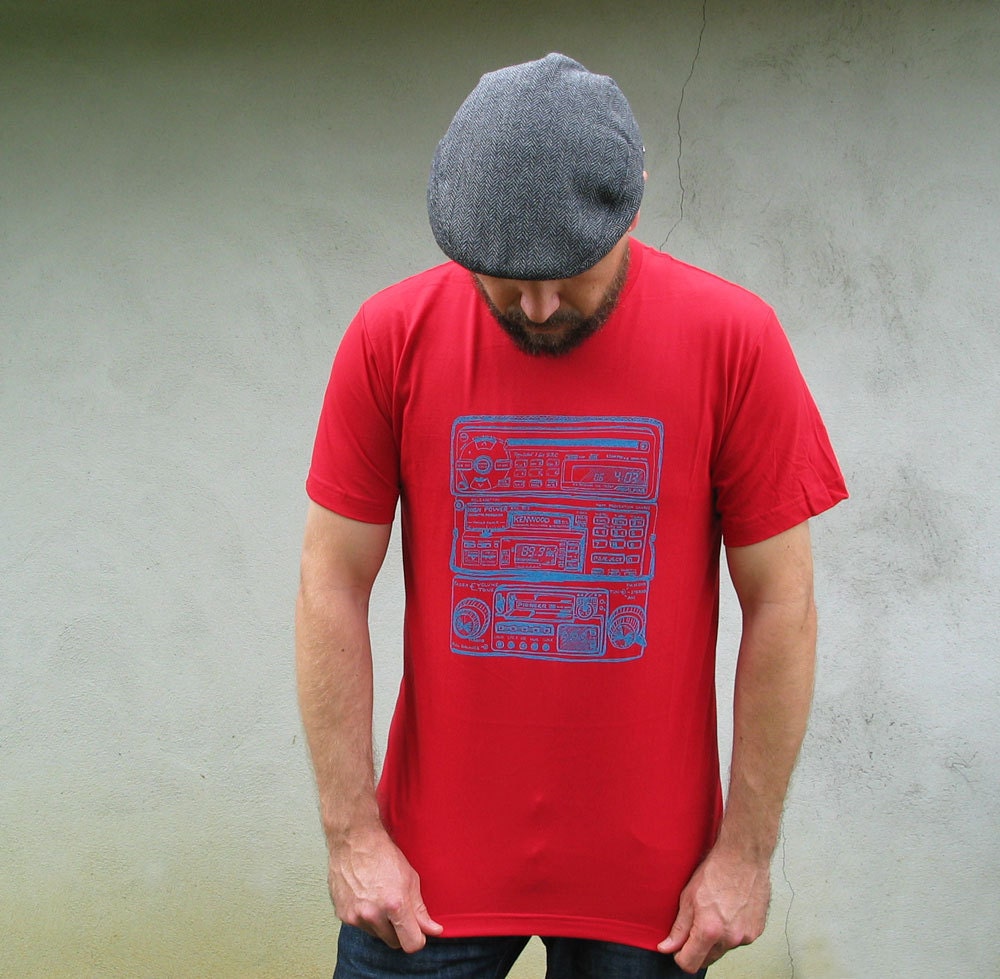 Car Radio mens Tshirt - Vintage radios from the 70s 80s and 90s - Hand screenprinted American Apparel Tee shirt