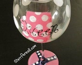 READY TO SHIP Mississippi Queen Wine Glass Custom Hand Painted Pink Polkadots Stars