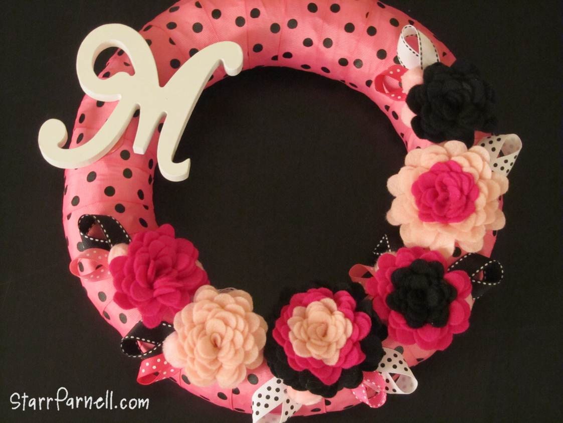 Pink and Black Monogram Wreath Polkadot Ribbon Rose Style Felt Flowers 12"