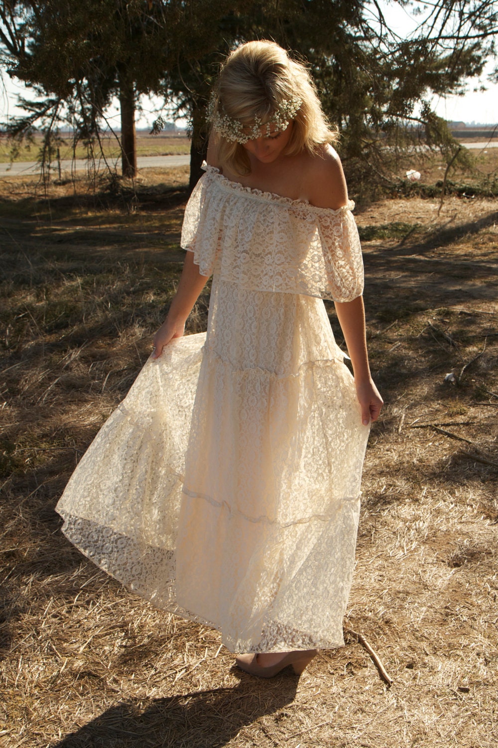 Off The Shoulder, Ivory, Vintage Wedding Dresses - Jordan