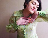 50s green pink blue pastel floral sheer pleated shirtwaist day dress and matching slip dress S