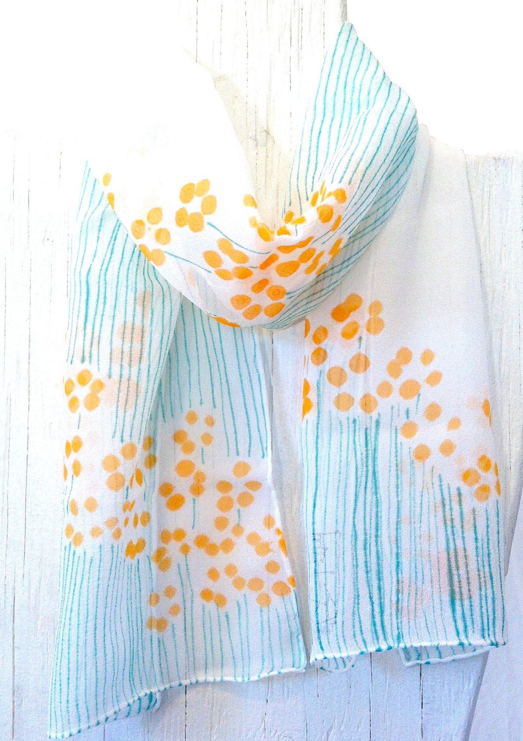 Hand Painted Silk Scarf, Petite Mandarine Orange Sumi Wildflowers. Floral Scarf. Silk Chiffon. Orange SIlk Scarf. 7x50 in. 18x133 cm.