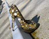 Gold, Black, Vintage Button, Mirror, Chain, "Revisited"  (Custom Made)