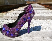 Purple Stoned and Jewel Incrusted Satin Fan Heels (Custom Made)
