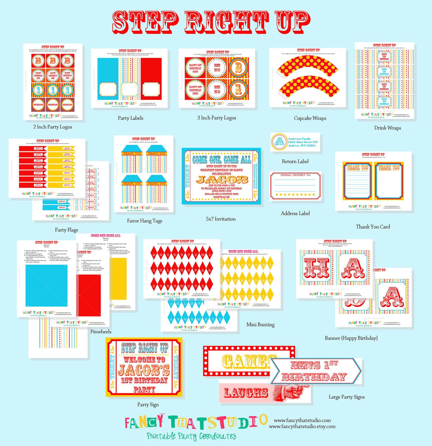 Carnival Circus Inspired Step Right Up Birthday Party Printables FULL Collection