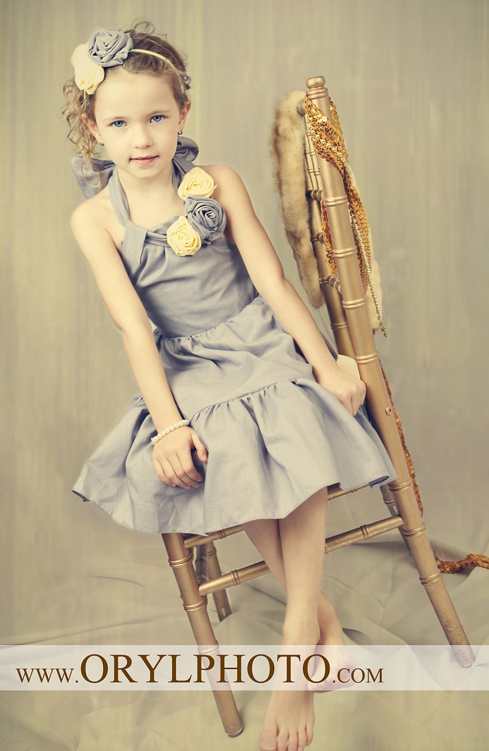 Treasury Item - Wedding Flower Girl, Photoshot, Party Beautifu Natural Grey Ruffled Dress with Flowers. S 8-9