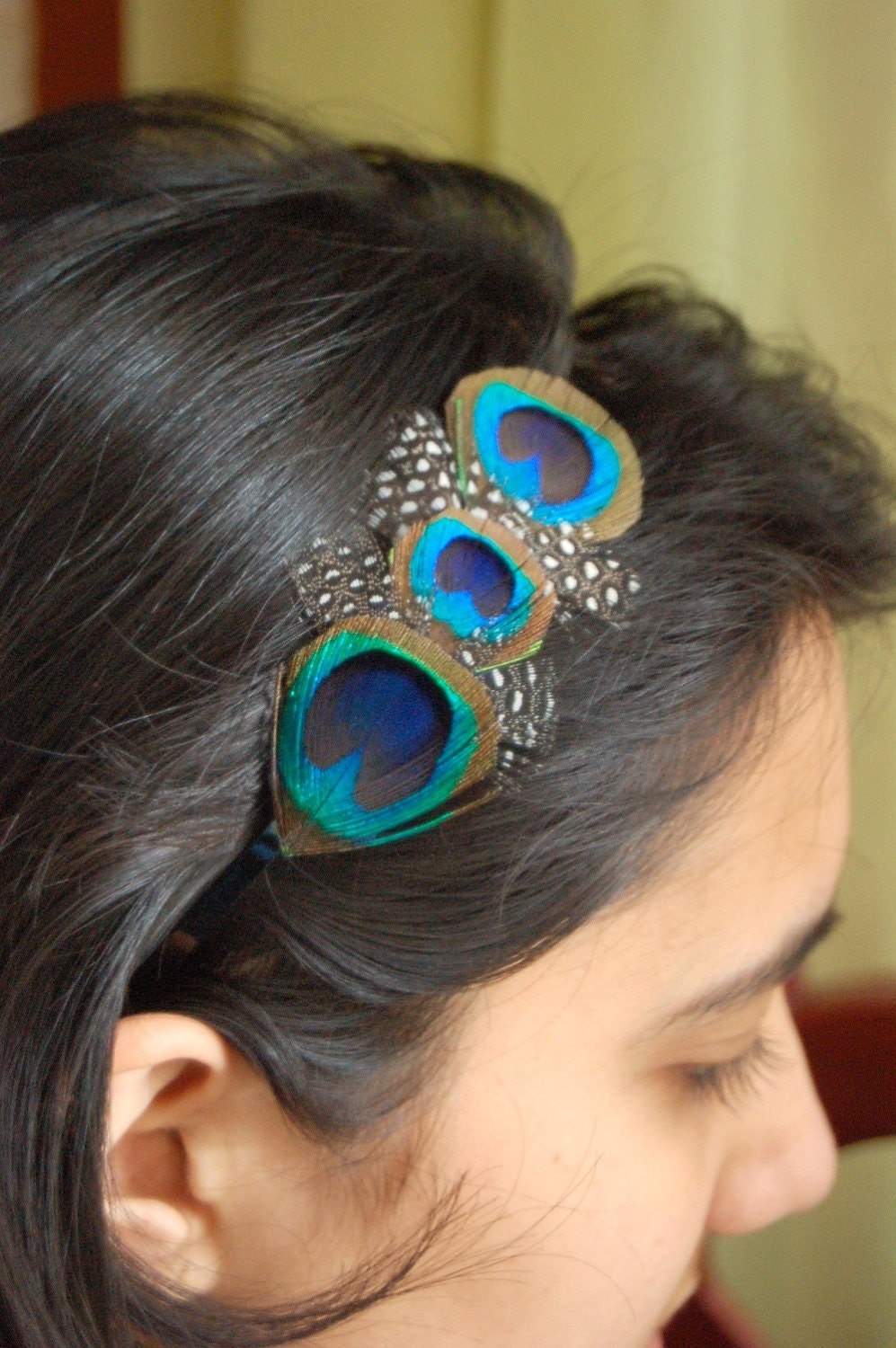 ELISE- Peacock Feather Headband with Guinea Spotted Feathers- Easy Detachable/Interchangable