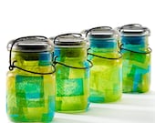 vintage atlas & ball glass top mason jars .. handmade solar lights : pint size decoupage - set of four blue green yellow