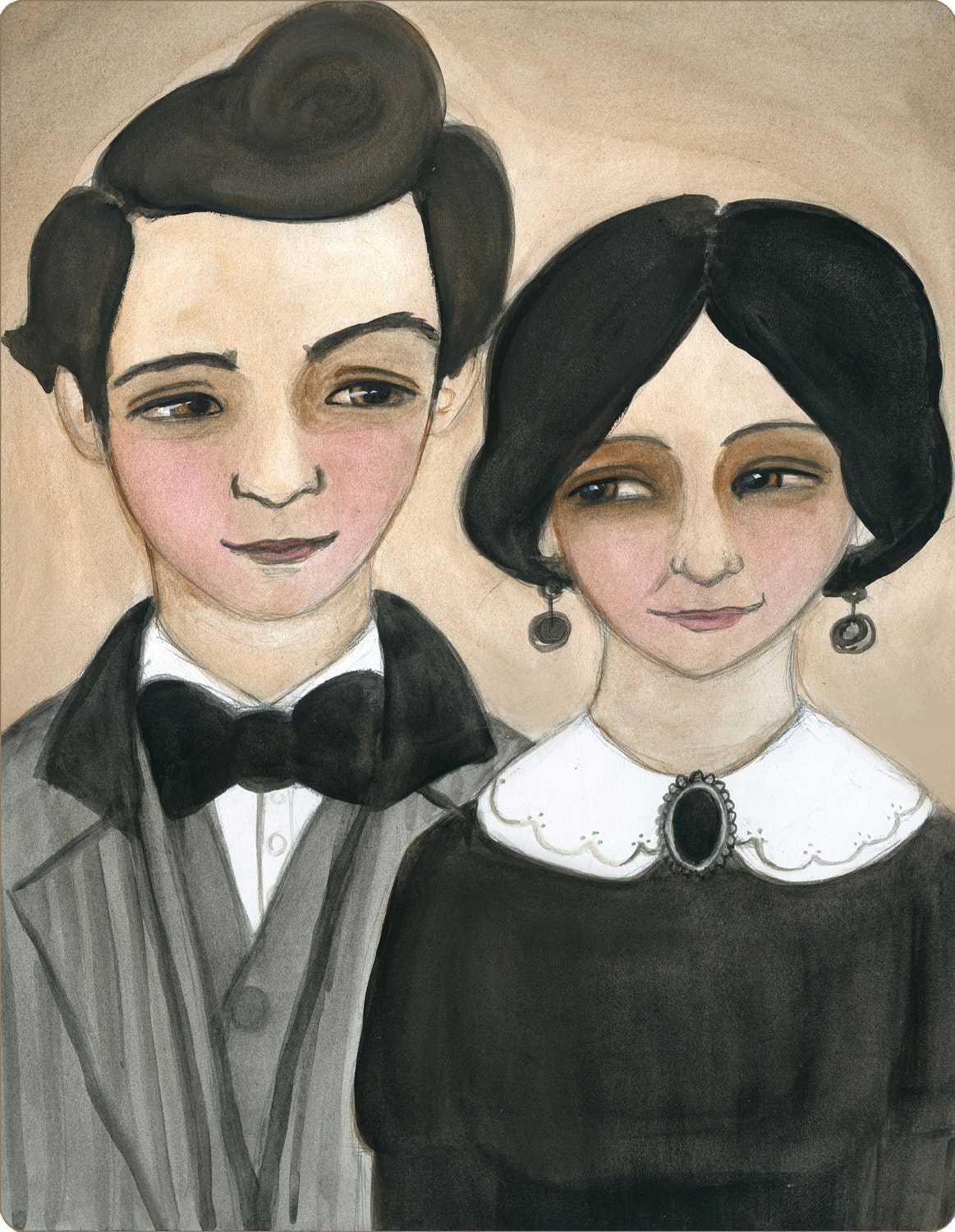 Love Victorian Style, A Illustrated Victorian Couple Portrait Watercolor Art Print, (6 x 8)
