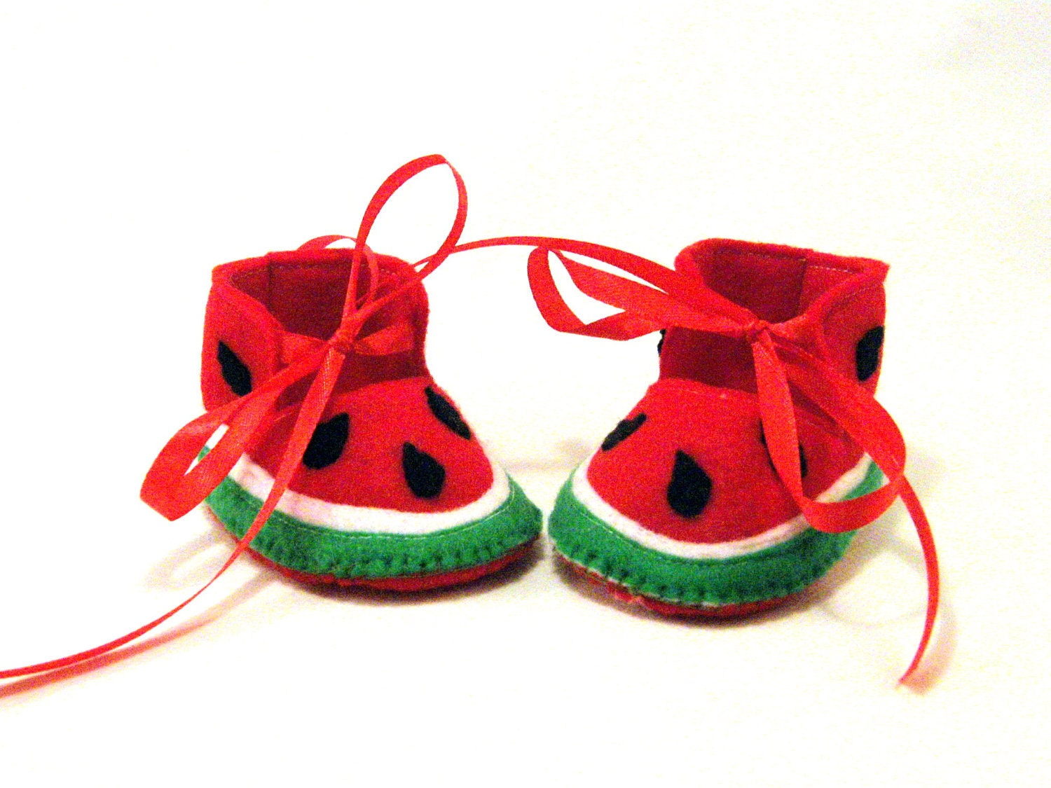 Watermelon baby booties , felt shoe felt baby booties fruit novelty green red newborn baby shoes summer