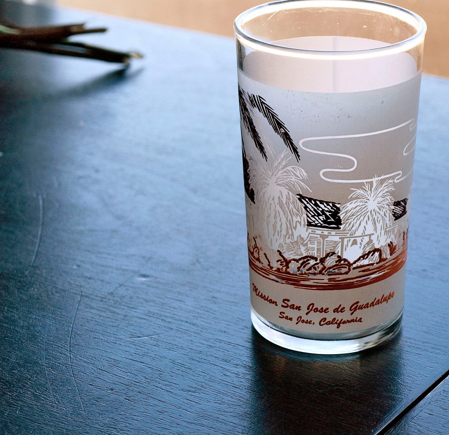 Vintage Mission San Jose de Guadalupe Frosted Tumbler Glass from the California Missions Collection