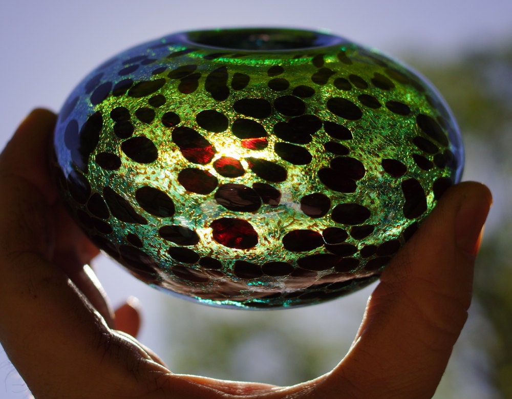 Hand Blown Glass Metallic Blue Green Bowl with Dark Ruby Dots