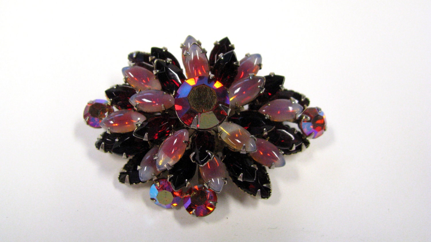 Vintage Red Glass Rhinestone Layered Brooch, Stunning, Wear or Repupose