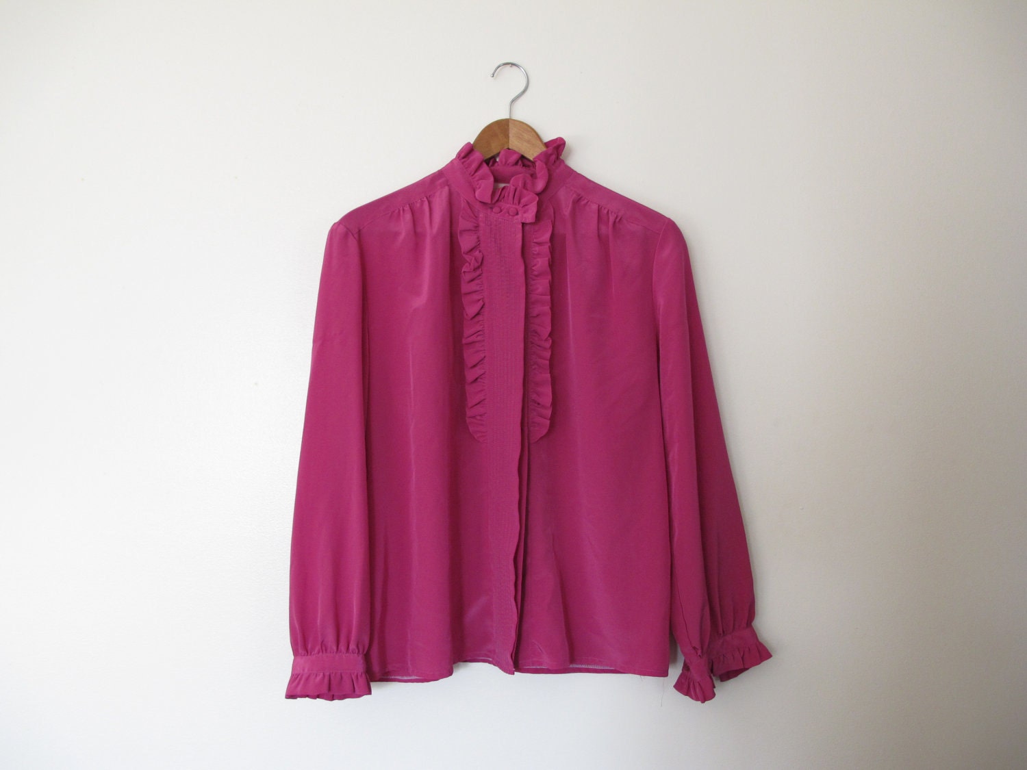 fuchsia magenta violet purple pink fushia ruffle collar blouse silky button down shirt xs-m