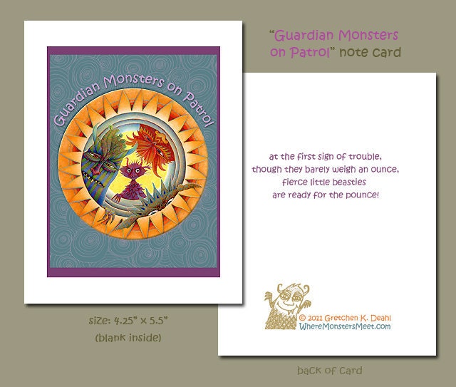 Monster Cards - Guardian Monsters on Patrol Card - Paper Goods - Note Card and Envelope - Stationery - Cute Monster - Message Monster 2