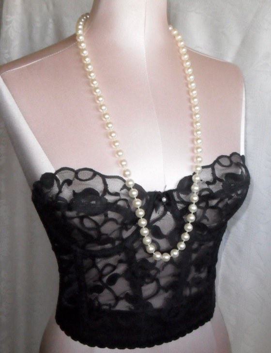 Vintage Bustier Black Lacy Bodice Victoria's Secret Size 34D Strapless Bra Corset 1970's