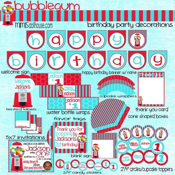 Bubble Gum Party Decorations--Gumball Birthday Party Decorations-JPEG/PDF Il_570xn