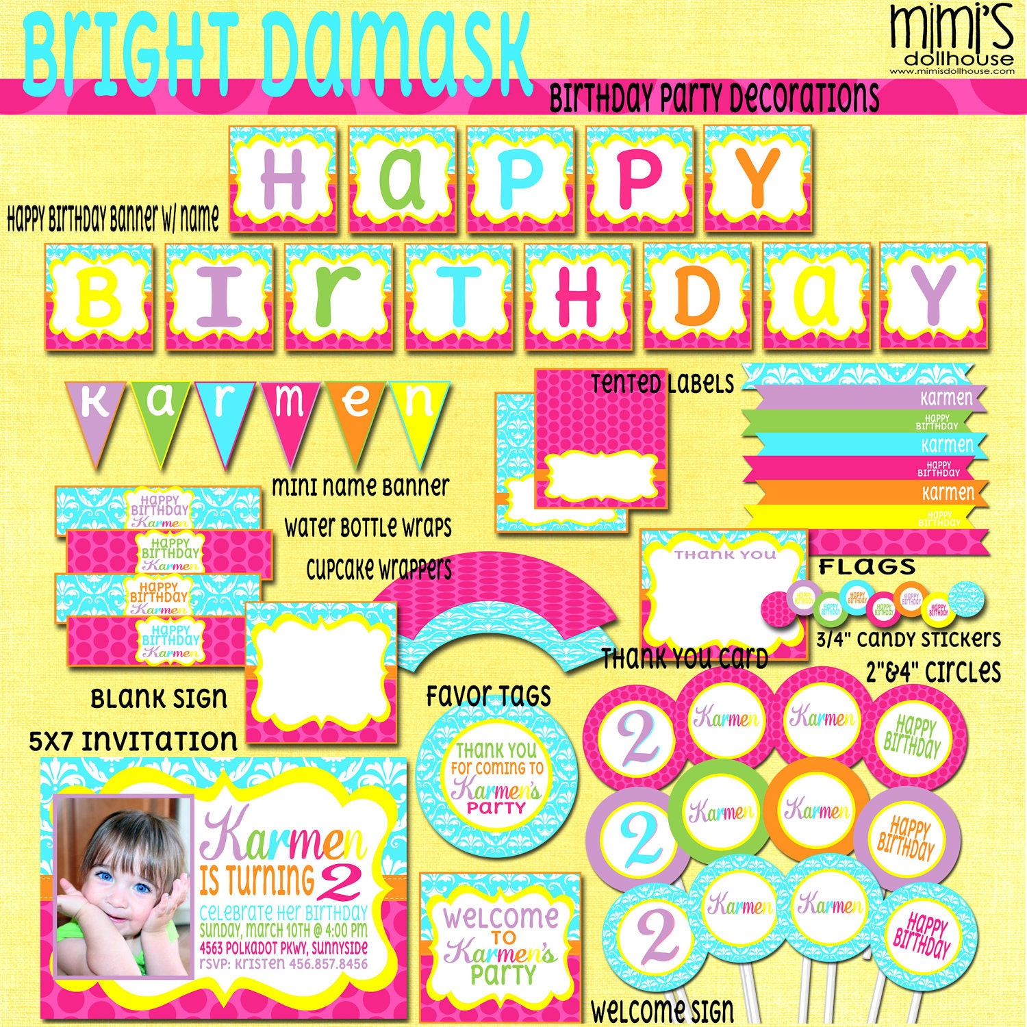 Colorful Bright Damask Party Decorations-Printable Rainbow Birthday Party Decorations PDF Il_570xn