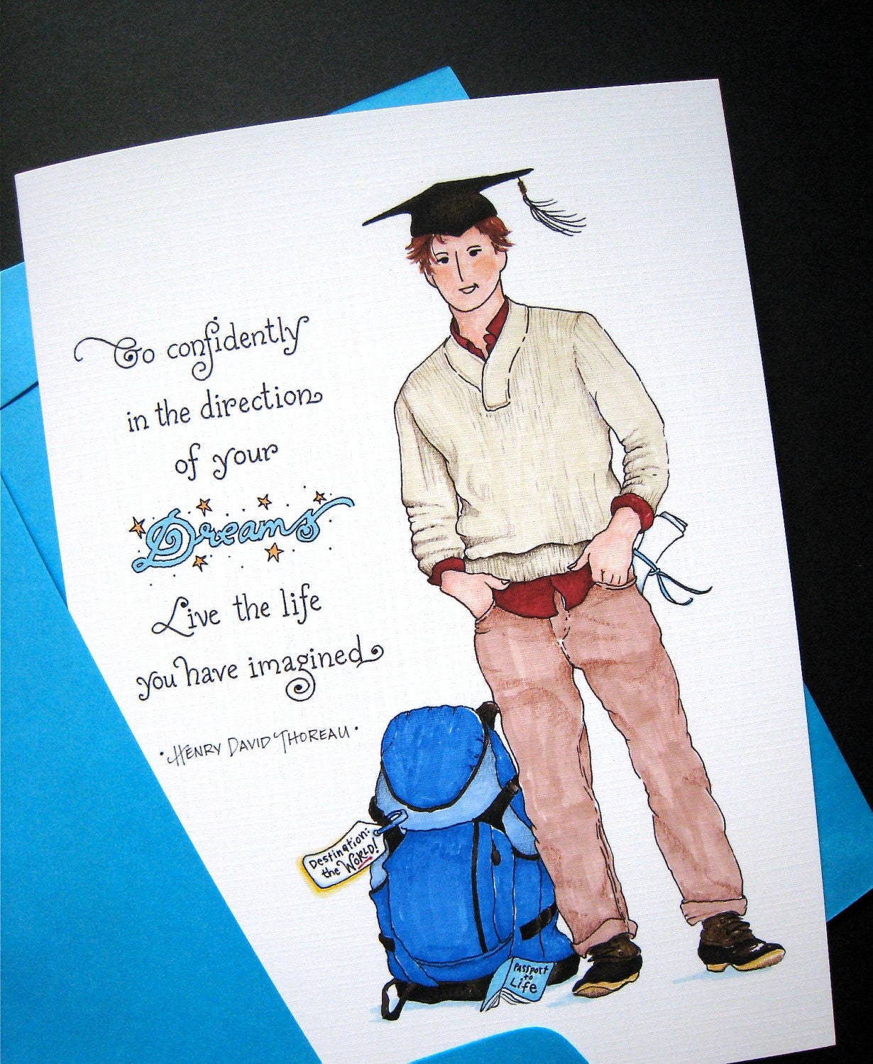 Graduation Card. Boy Graduate. Thoreau Quote. Go Confidently