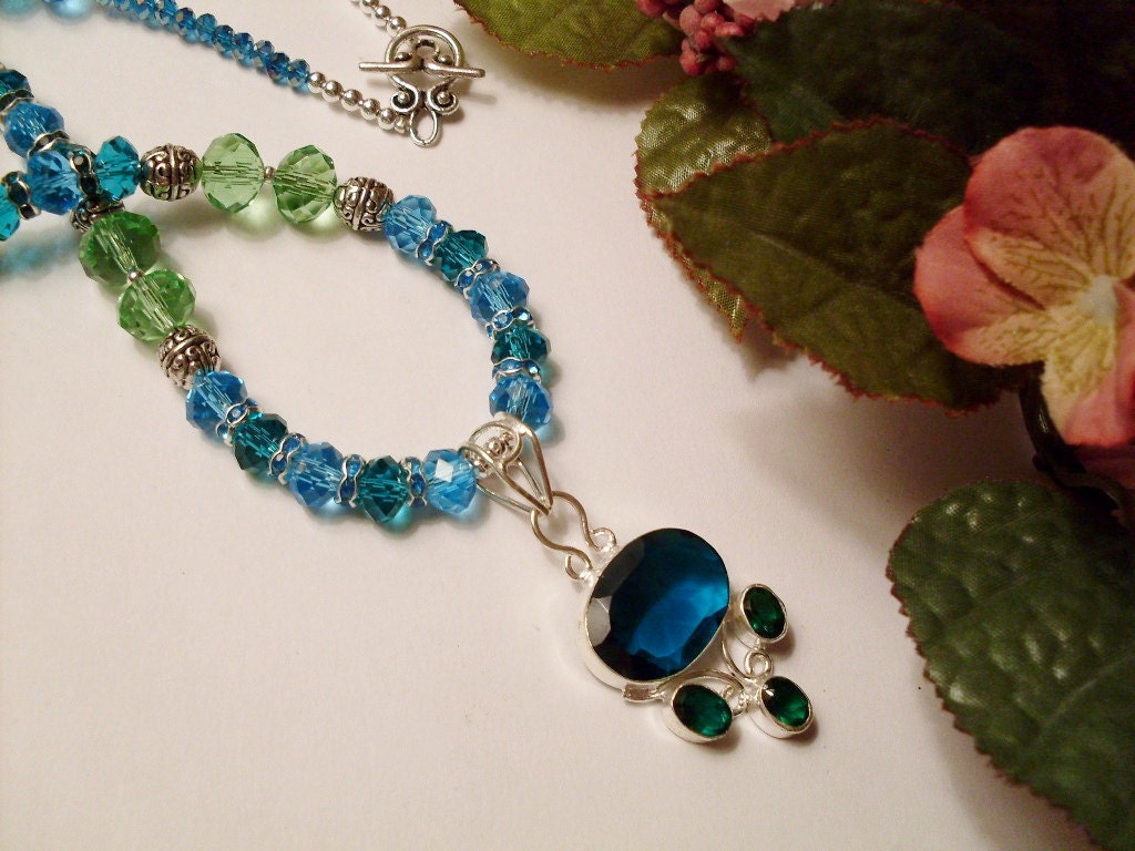 Peacock Blue Glass Pendant on matching Swarovski Crystal Necklace
