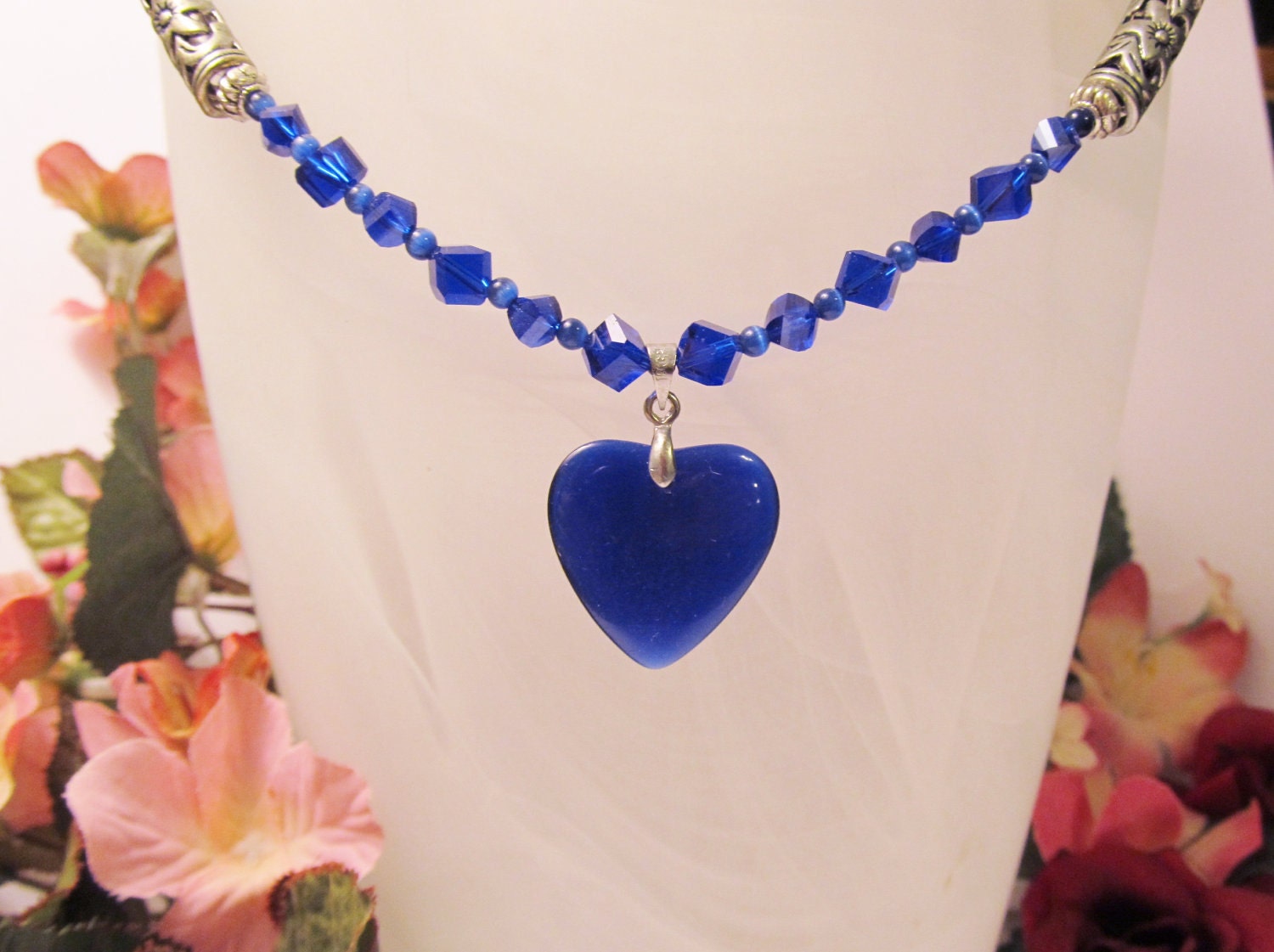 Royal Blue Cats Eye Heart Pendant on Crystal and Cats Eye Necklace