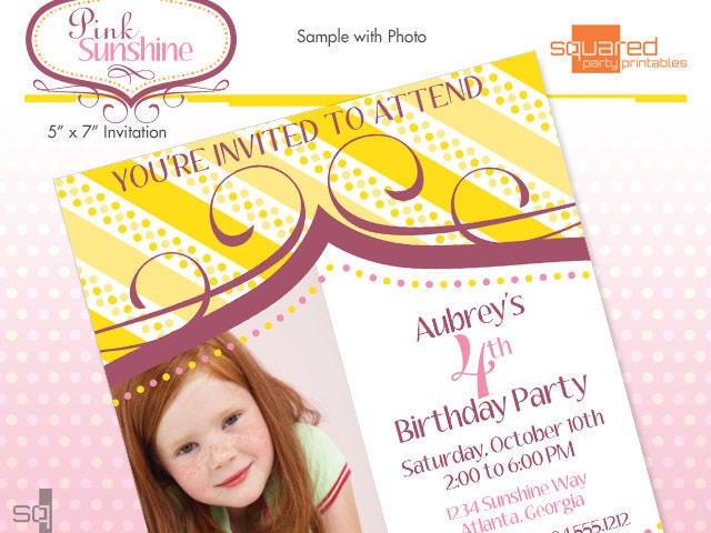 Printable Birthday Party Invitation - Pink Sunshine Printable Invite - DIY Print Il_570xn