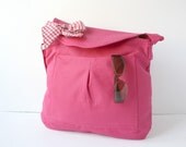 Fuchsia Cotton Fabric Messenger  Bag  Pink and White Gingham  Bow Adjustable strap Mothers Day gift