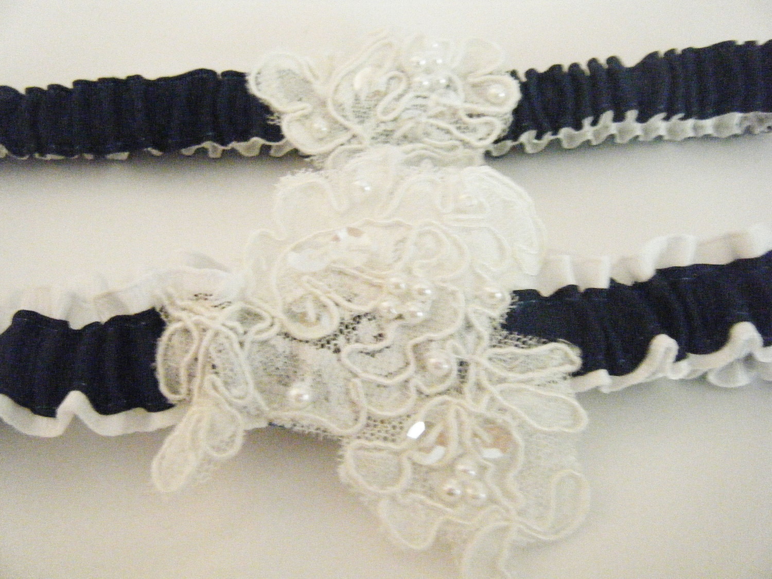 Navy Blue and White French Lace Wedding Bridal Garter Set