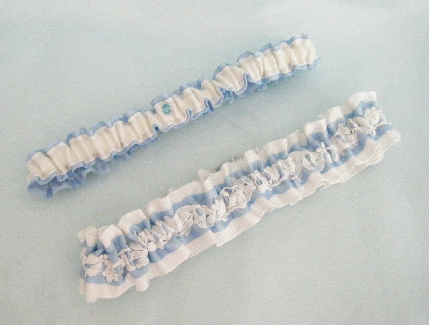 Blue and Ivory Silk Floral Lace Wedding Bridal Garter Set
