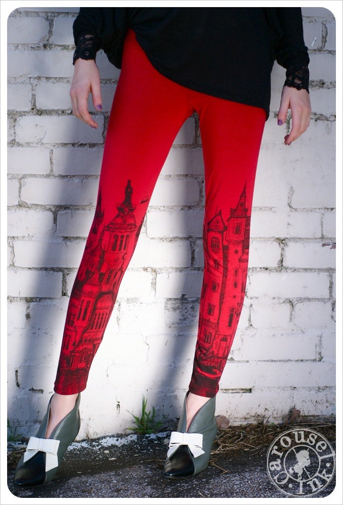 Printed Leggings -  Red Leggings - Womens legging - Red Black MEDIUM