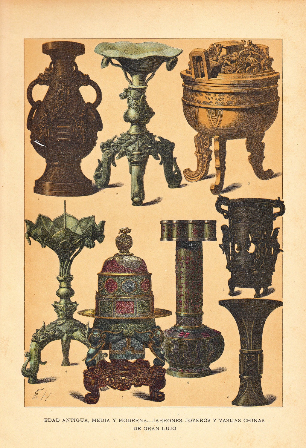 Chinese Arts and Artifacts Antique Print 1894 Chromolithograph