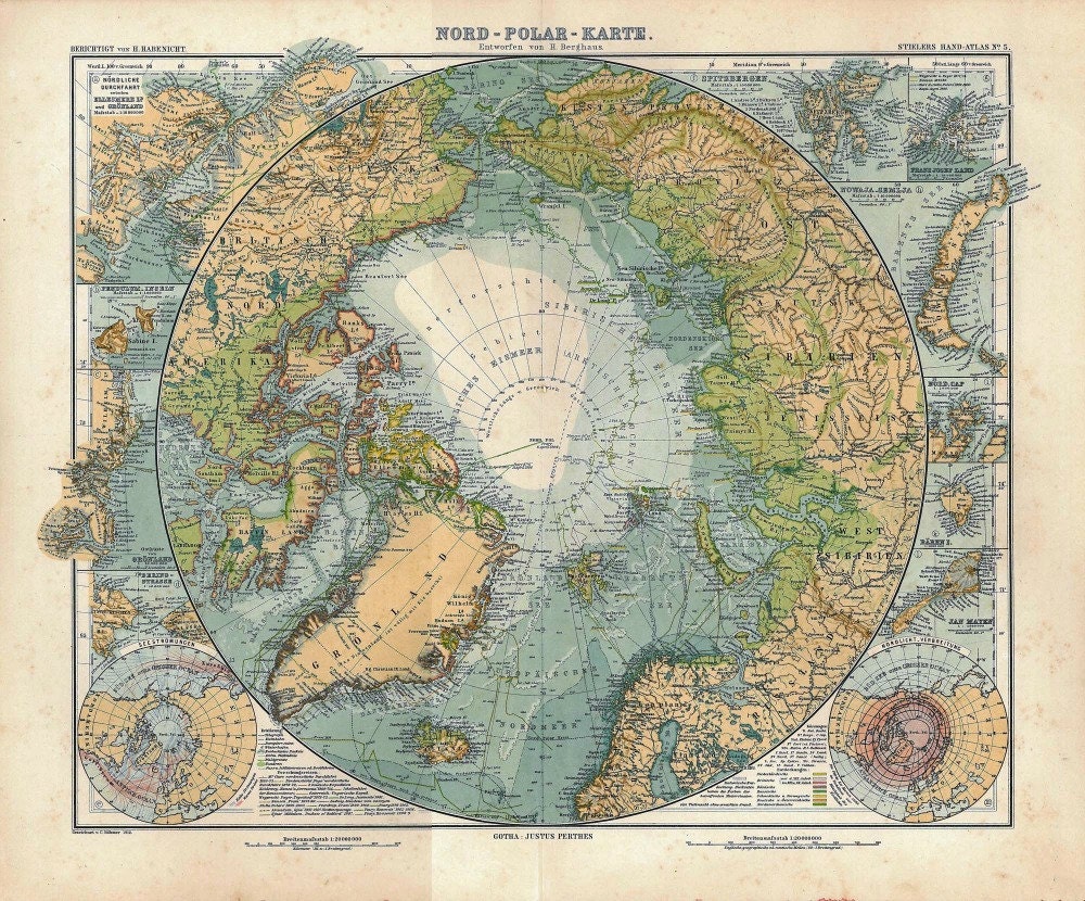 North Pole Antique Map  Arctic Sea  Exploring Expeditions 1914
