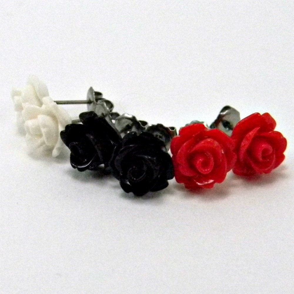 Mod Earring Trio Fire Engine Red, Glossy White, & Jet Black Roses Titanium Post Stud Earrings Hypoallergenic Sensitive Skin Jewelry