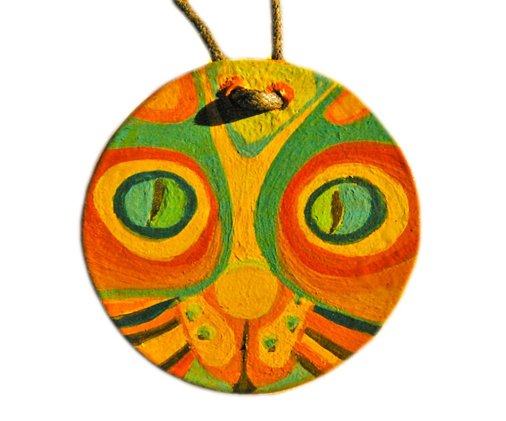 Cat Pendant Orange and Green. Hand painted round pendant with original design One of a kind