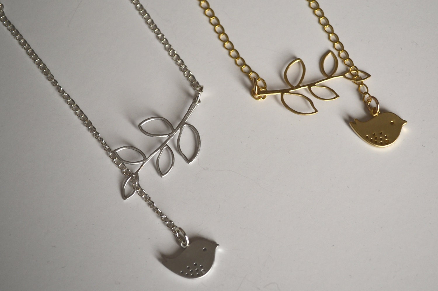 Bird and Branch Lariat Necklace - Bird and Branch Necklace - Matte Silver plated or Matte Gold plated